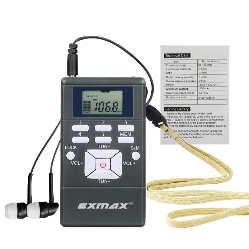 EXMAX E108 Wireless Stereo FM Radio Receiver - Portable Pocket Mini With Earbuds, LCD Clock for Translator Tour Guide System, Jogging, Running, Walking, Yardwork - Gray - Image 1